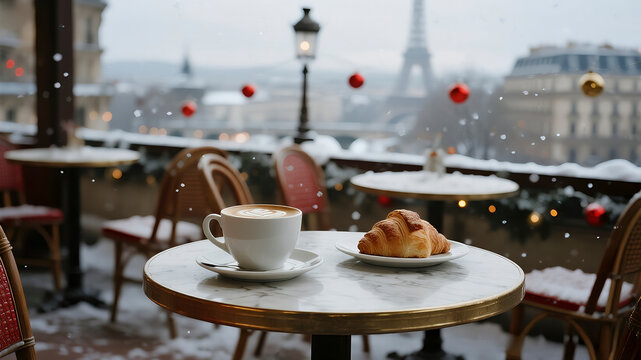 A steaming cup of latte with rosetta art sits on a small marble bistro table against a backdrop of blurred Parisian Christmas lights and snow
