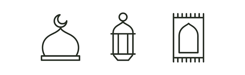 Fototapeta premium minimal black outline icons mosque dome lantern prayer rug thin contour isolated