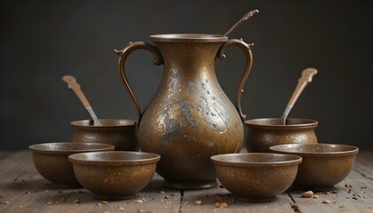 &ldquo;A collection of old brass utensils including a jug, ladle, serving spoons, and small bowls, featuring strong oxidized patina, brownish tarnish, imperfect metal texture, dusty vintage appearance, auth