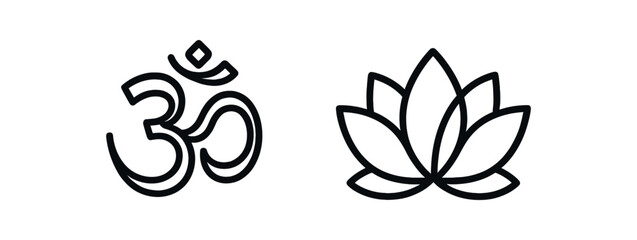 2 minimal black outline icons Om symbol lotus flower clean contour no fill