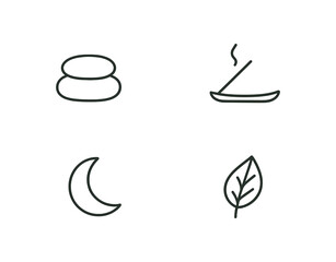 4 minimal black outline icons meditation cushion incense holder moon leaf minimal Zen theme