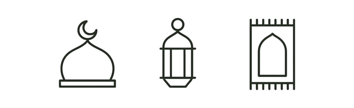 minimal black outline icons mosque dome lantern prayer rug thin contour isolated