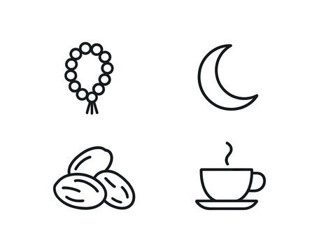 4 minimal black outline icons tasbih beads crescent dates tea cup minimal Ramadan set