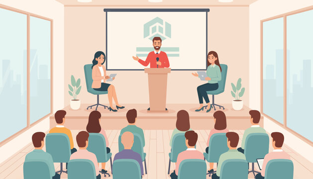 A presenter speaks at a podium during a conference while two colleagues observe.