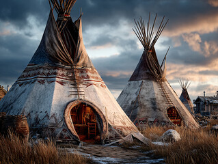 traditional Native American tipi tents set against a dramatic sky filled with large, fluffy clouds. The grassy landscape and the rustic appearance of the tipis create a serene