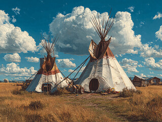 traditional Native American tipi tents set against a dramatic sky filled with large, fluffy clouds. The grassy landscape and the rustic appearance of the tipis create a serene