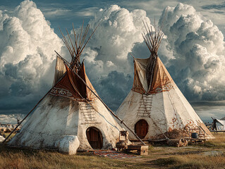 traditional Native American tipi tents set against a dramatic sky filled with large, fluffy clouds. The grassy landscape and the rustic appearance of the tipis create a serene