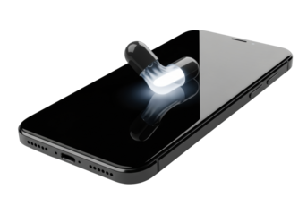 Extreme macro of a sleek, modern black smartphone with an inky-black screen, metallic frame, and a transforming dynamic island glowing on a transparent background, high-tech engineering concept