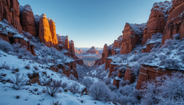 Winter landscape of canyon with snow covered trees