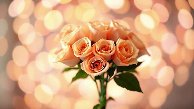 A bouquet of peach roses against a festive, sparkling bokeh background. Floral bouquet, arrangement, and greeting card video for the holiday