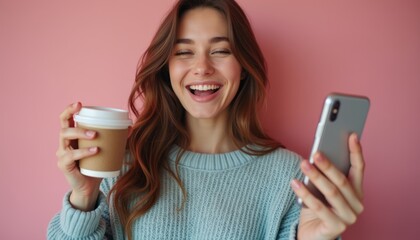 Joyful woman enjoying coffee while texting