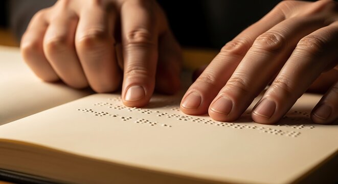 Realistic close up of hands reading braille on a textured page with gentle lighting