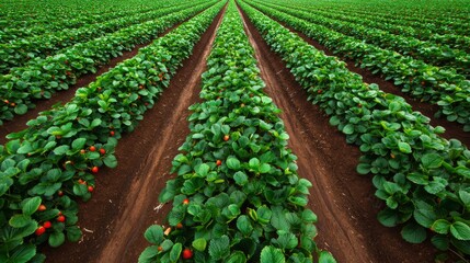 Lush Red Strawberry Berries Growing in Neatly Organized Rows on a Fertile Farm Field Surrounded by Green Leaves Under a Clear Blue Sky