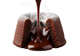 Close-up macro shot of a freshly cut molten chocolate lava cake with gooey, steaming dark chocolate lava oozing, crisp crust, powdered sugar, on transparent background. Appetizing dessert concept