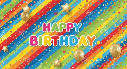 Festive birthday celebration background with balloons and confetti on bright color stripes