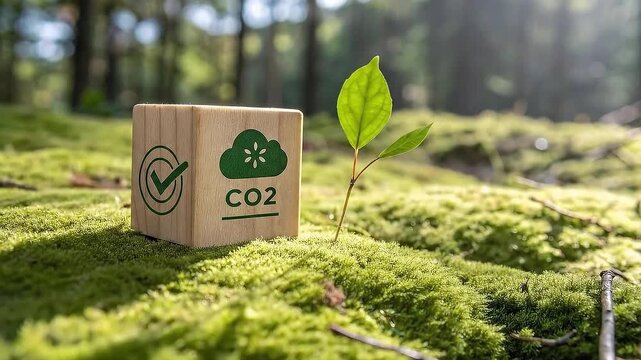 Co2 reduction concept: seedling, wooden block, checkmark, forest