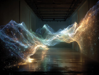 surreal landscape with mountain ranges covered in glowing particles, creating a dreamlike, otherworldly effect. The scene is illuminated by a bright, ethereal light emanating from the peaks