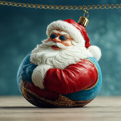 A stylish Santa Claus ornament featuring a rounded bauble-like body and a modern, playful design. 