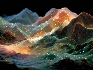 surreal landscape with mountain ranges covered in glowing particles, creating a dreamlike, otherworldly effect. The scene is illuminated by a bright, ethereal light emanating from the peaks