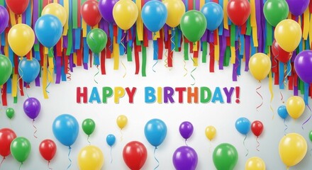 Festive birthday celebration with vibrant balloons and colorful streamer decoration background
