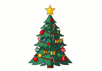 Cartoon illustration of a decorated Christmas tree with a star topper, ornaments, candy canes, gifts, and a string of beads.