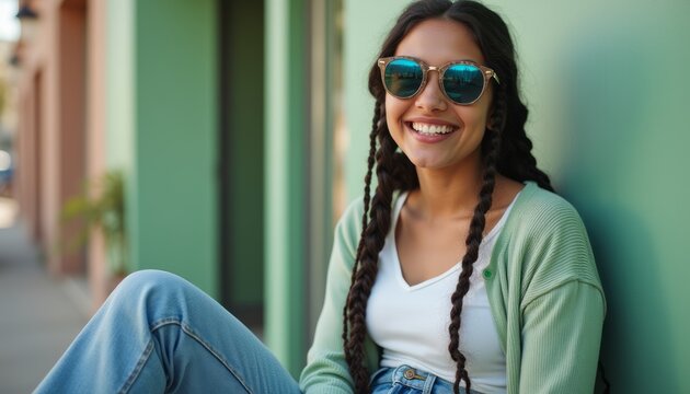 Cheerful young woman with braids and sunglasses - Powered by Adobe