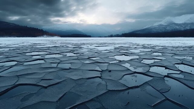 Aerial view of a frozen lake with intricate patterns of ice and snow, set against a backdrop of snowcapped mountains and a dramatic sky.