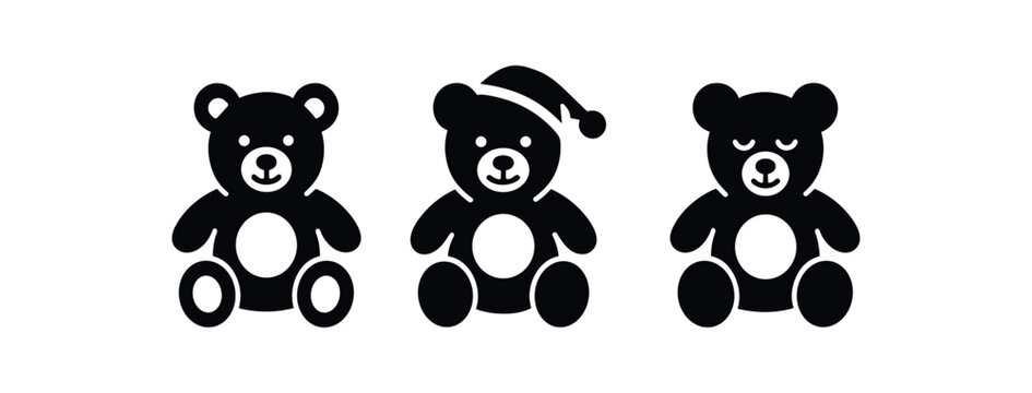 Flat vector illustration three bedtime plush bears black and white solid black icon style sleep essentials theme 3x1 grid equal spacing isolated on white full objects visible