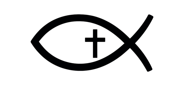 Christian fish ichthys icon black silhouette with curve and cross lines faith identity detail
