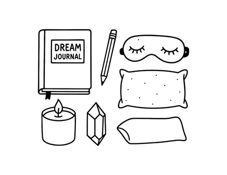flat vector handdrawn black and white bold clean outlines white background dreamwork kit dream journal pencil eye mask herbal pillow candle crystal no logos