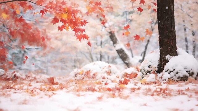 autumnal forest scene with falling snow and red maple leaves.