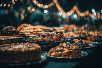Assorted pies and cakes display, decorated with lights