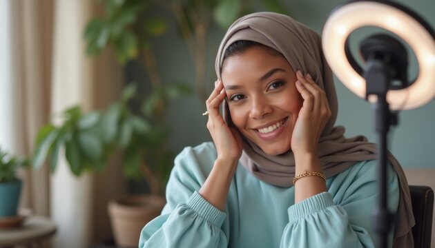 Smiling woman in a hijab radiating joy