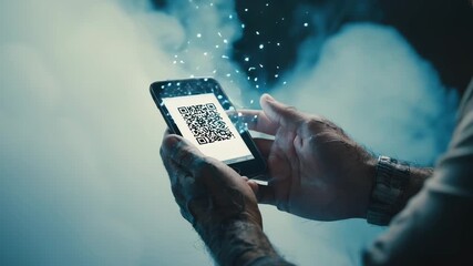 A close-up of a person's hands holding a smartphone displaying a QR code. The background features a misty atmosphere with floating particles. - Powered by Adobe