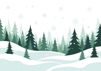 A serene winter landscape illustration featuring snow-covered hills and a dense forest of evergreen trees under a gentle snowfall.