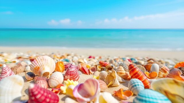 Aerial view of seashells on sandy beach with clear blue sky and turquoise ocean backgroundseashells at the beach, closeup view.