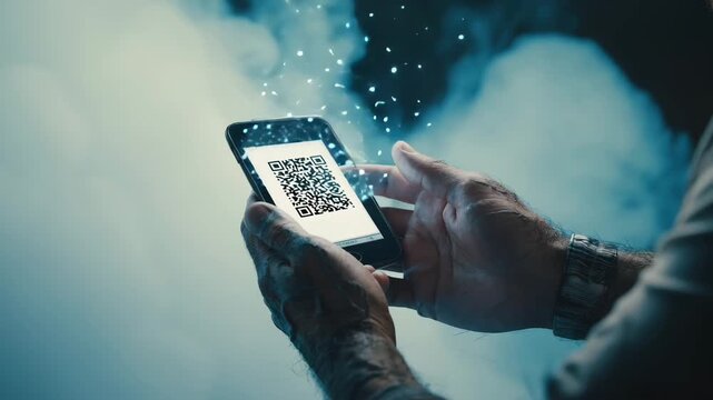 A close-up of a person's hands holding a smartphone displaying a QR code. The background features a misty atmosphere with floating particles.