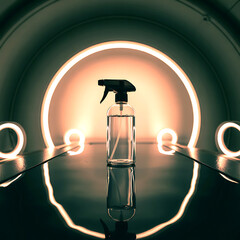 Modern clear spray bottle with liquid on reflective surface, neon glow