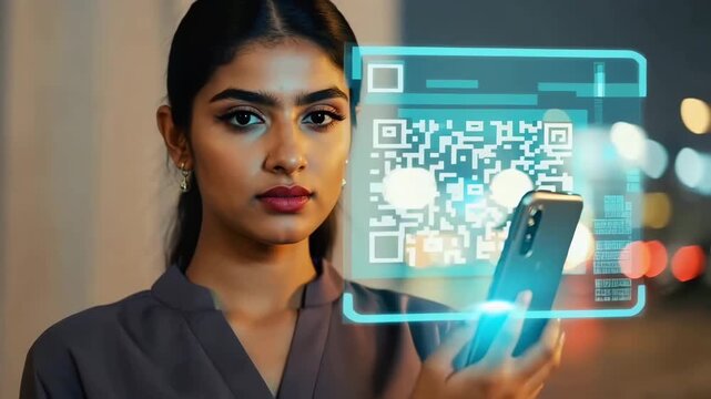 A young South Asian woman with long black hair holds a smartphone displaying a QR code. The background is blurred with city lights, suggesting a modern urban setting. - Powered by Adobe