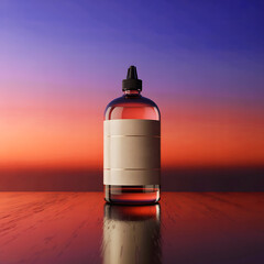 Clear glass dropper bottle with customizable label on wooden surface at sunset