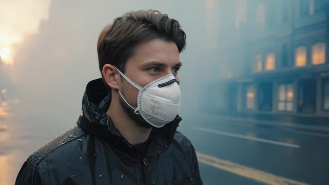 Young Caucasian man wearing a protective mask stands in a smoky urban environment. He has short brown hair and is dressed in a black jacket.