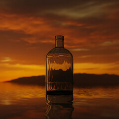 Empty glass bottle reflecting vivid sunset over water with mountain silhouette