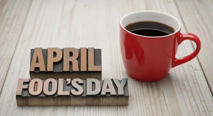 April Fools Day message with a red coffee mug on wood