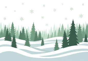 Winter landscape illustration featuring evergreen trees in a snowy field with falling snowflakes against a white background.