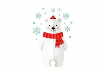 An illustration of a white polar bear wearing a red scarf and hat, surrounded by light blue snowflakes on a white background.