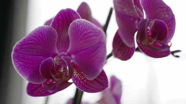Close-up of a vibrant purple orchid flower with intricate details, set against a soft, blurred white background