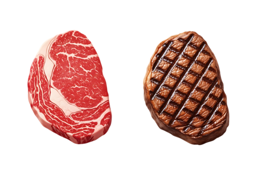 Raw ribeye steak and grilled sirloin steak isolated on a transparent background
