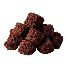 Extreme close-up, photorealistic macro of intricate dark chocolate cake crumbs, velvety texture and glistening interior, isolated on transparent, decadent dessert atmosphere
