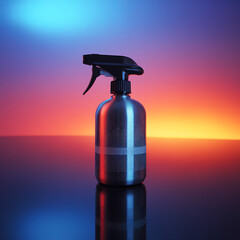 Modern metallic spray bottle with vibrant neon lighting reflection on surface