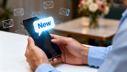 Man holding a smartphone with a new message notification email marketing concept communication and digital technology